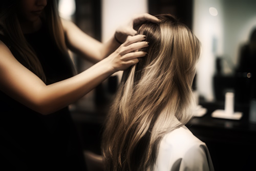 Hairdresser combing hair of young woman in beauty salon, A professional hairdresser skillfully cutting the hair of a young woman in a beauty salon, AI Generated